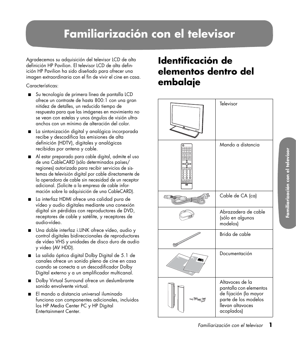 Familiarización con el televisor, Identificación de elementos dentro del embalaje | HP Pavilion LC3700N User Manual | Page 225 / 322