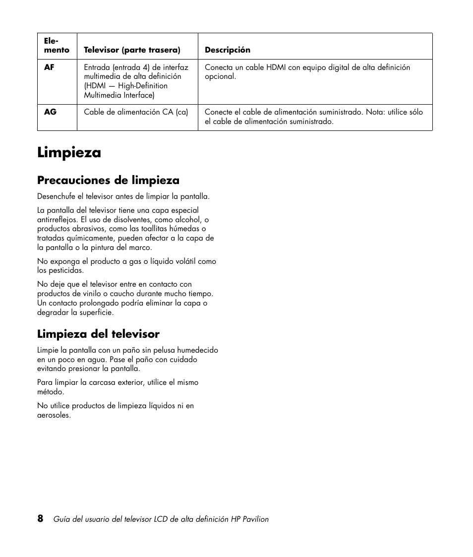 Limpieza, Precauciones de limpieza, Limpieza del televisor | HP Pavilion LC3700N User Manual | Page 232 / 322