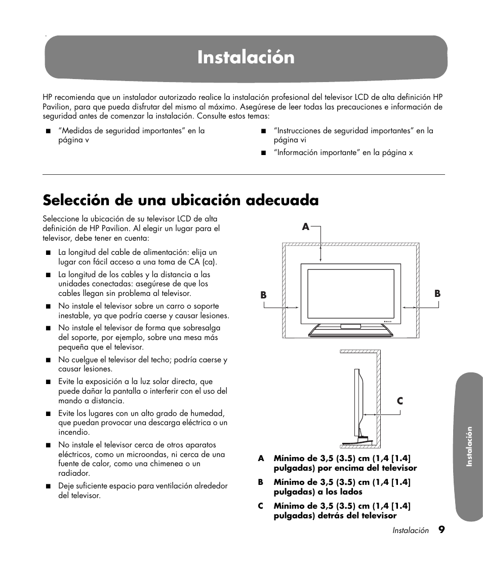 Instalación, Selección de una ubicación adecuada | HP Pavilion LC3700N User Manual | Page 233 / 322