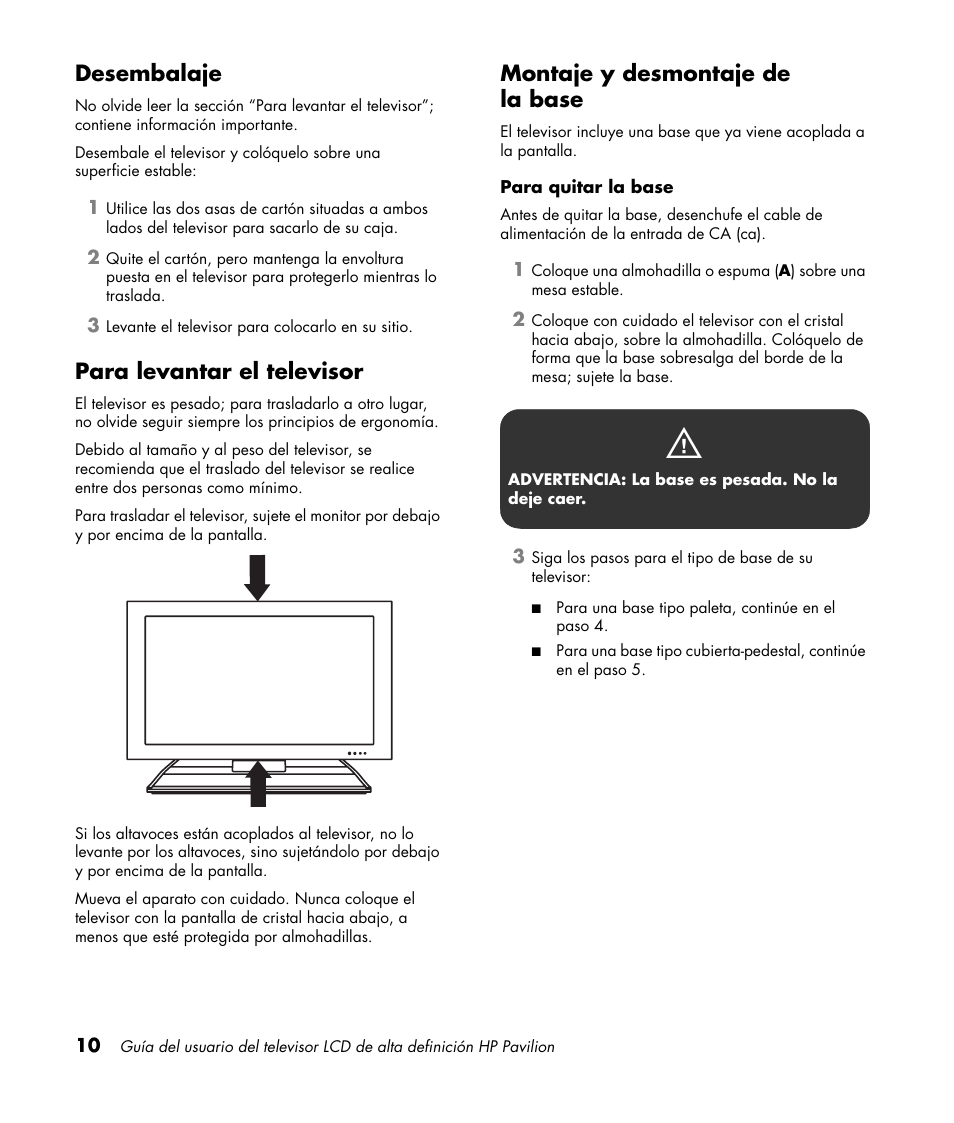 Desembalaje, Para levantar el televisor, Montaje y desmontaje de la base | HP Pavilion LC3700N User Manual | Page 234 / 322