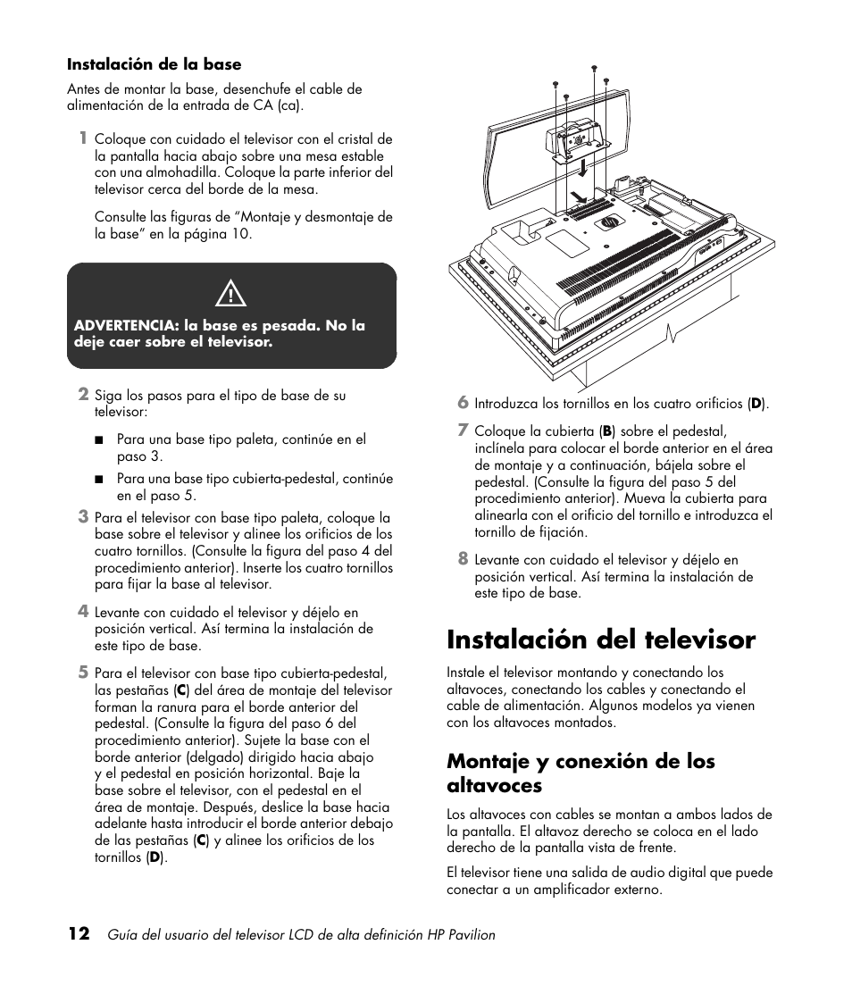 Instalación del televisor, Montaje y conexión de los altavoces | HP Pavilion LC3700N User Manual | Page 236 / 322