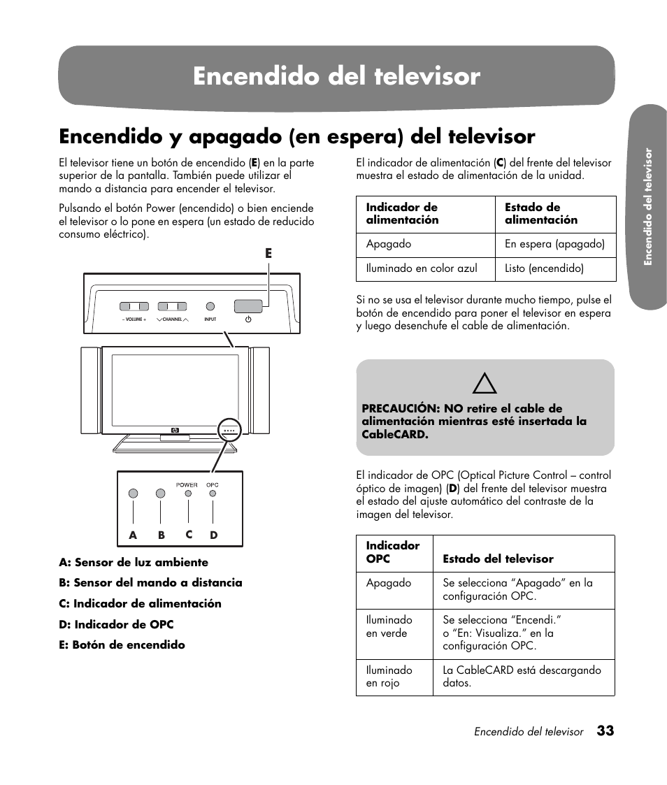 Encendido del televisor, Encendido y apagado (en espera) del televisor | HP Pavilion LC3700N User Manual | Page 257 / 322