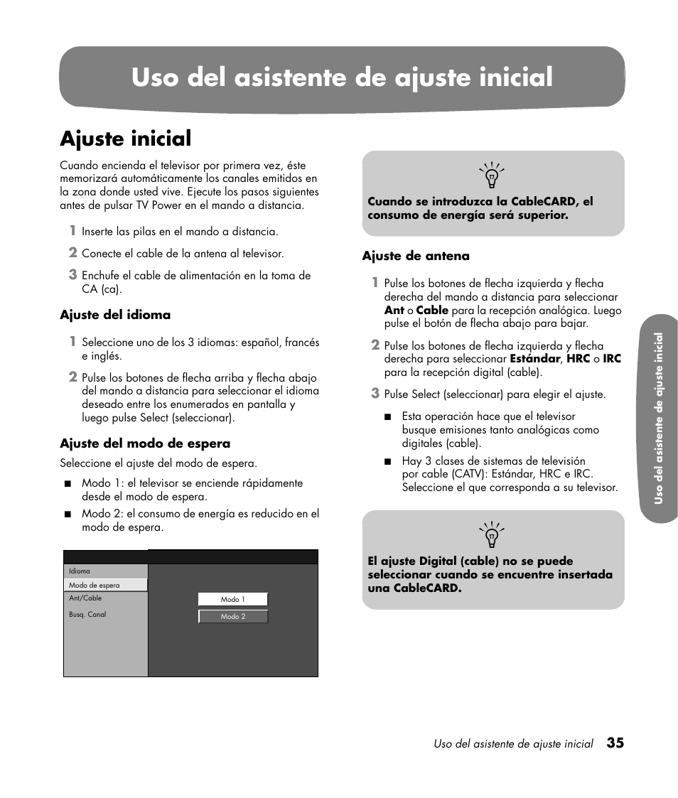 Uso del asistente de ajuste inicial, Ajuste inicial | HP Pavilion LC3700N User Manual | Page 259 / 322