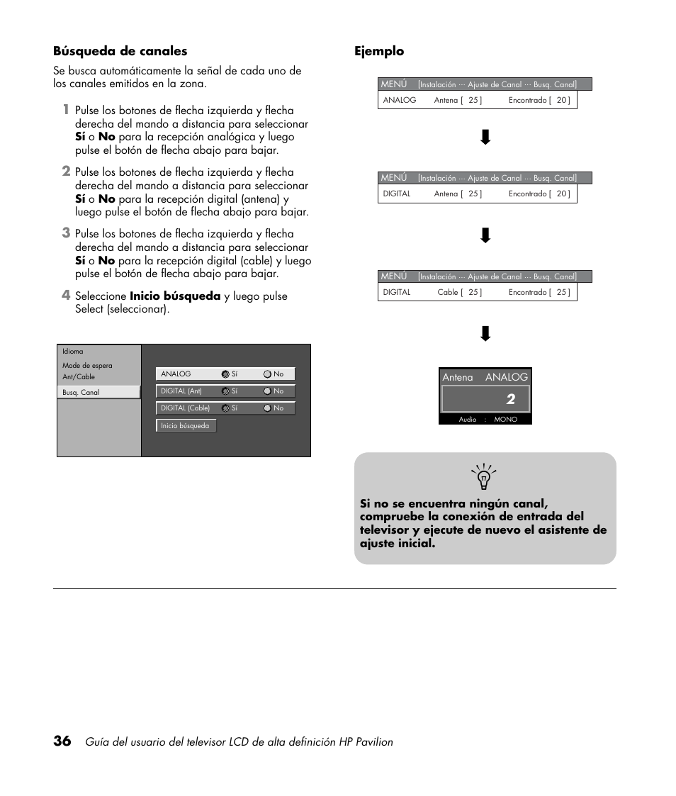 Búsqueda de canales, Ejemplo | HP Pavilion LC3700N User Manual | Page 260 / 322