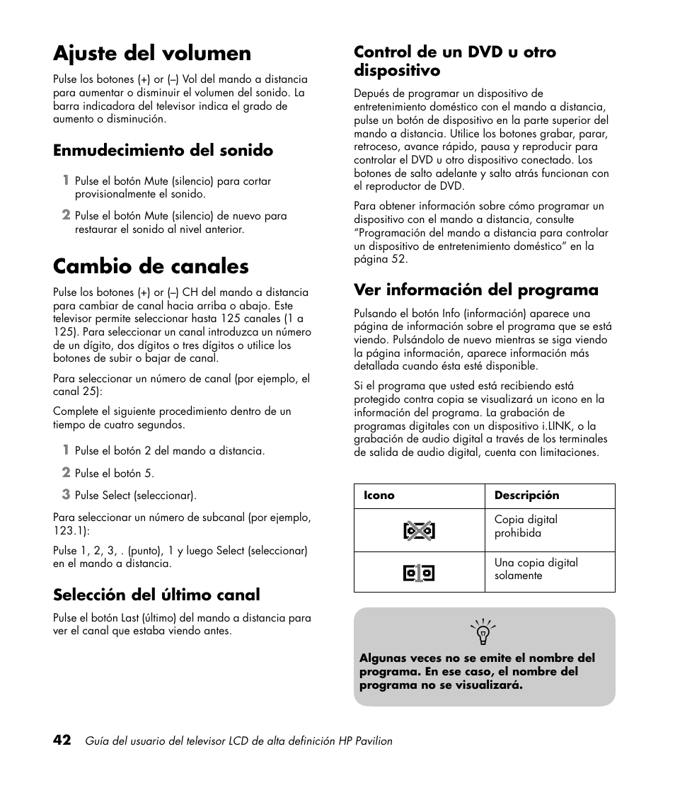 Ajuste del volumen, Cambio de canales | HP Pavilion LC3700N User Manual | Page 266 / 322