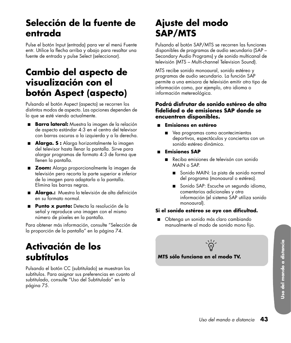 Selección de la fuente de entrada, Activación de los subtítulos, Ajuste del modo sap/mts | HP Pavilion LC3700N User Manual | Page 267 / 322