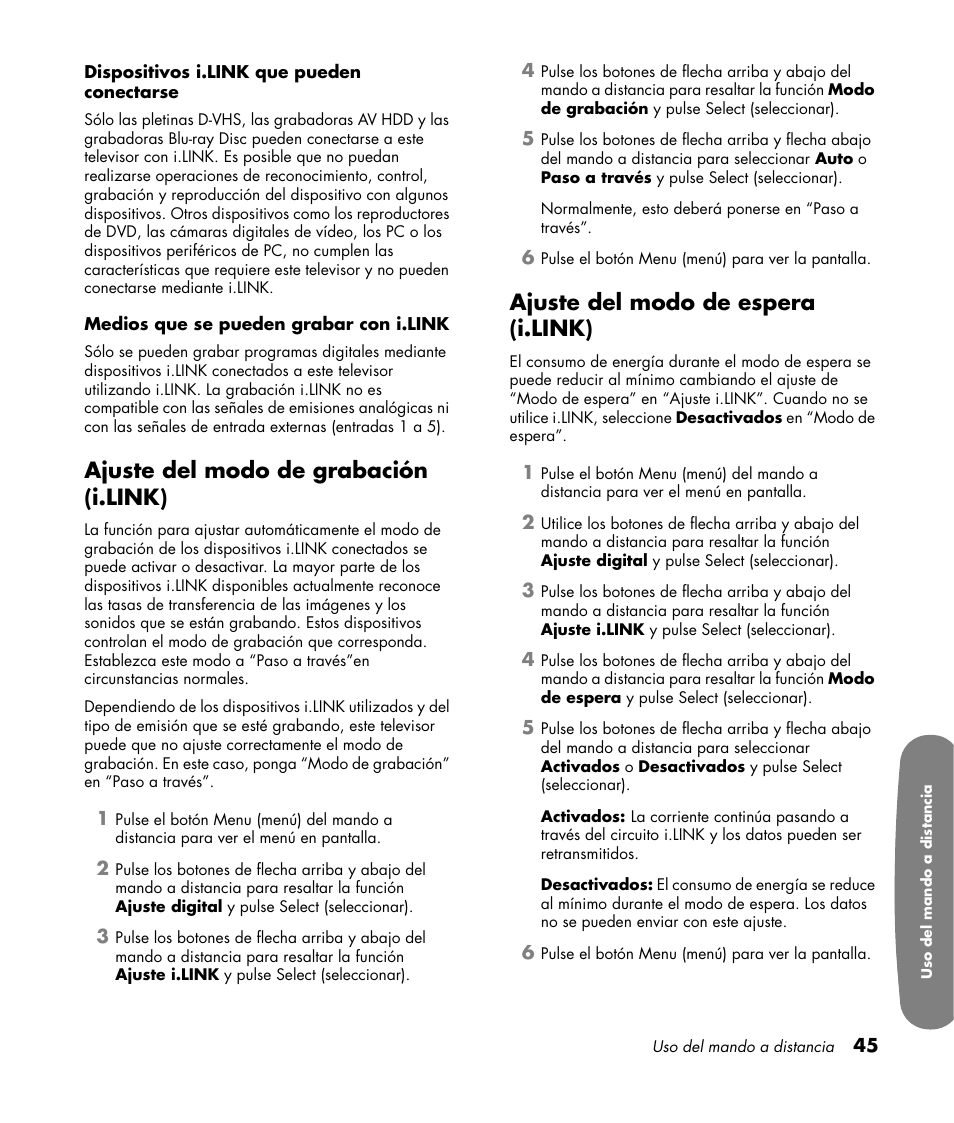 Ajuste del modo de grabación (i.link), Ajuste del modo de espera (i.link) | HP Pavilion LC3700N User Manual | Page 269 / 322