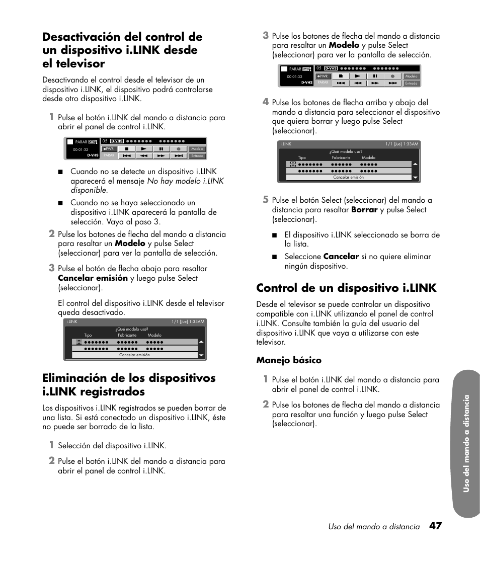 Eliminación de los dispositivos i.link registrados, Control de un dispositivo i.link, Manejo básico | HP Pavilion LC3700N User Manual | Page 271 / 322