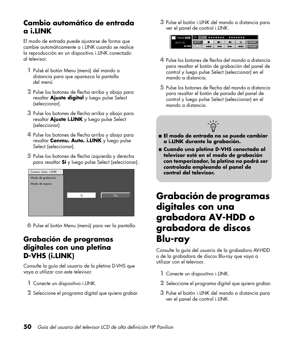 Cambio automático de entrada a i.link | HP Pavilion LC3700N User Manual | Page 274 / 322