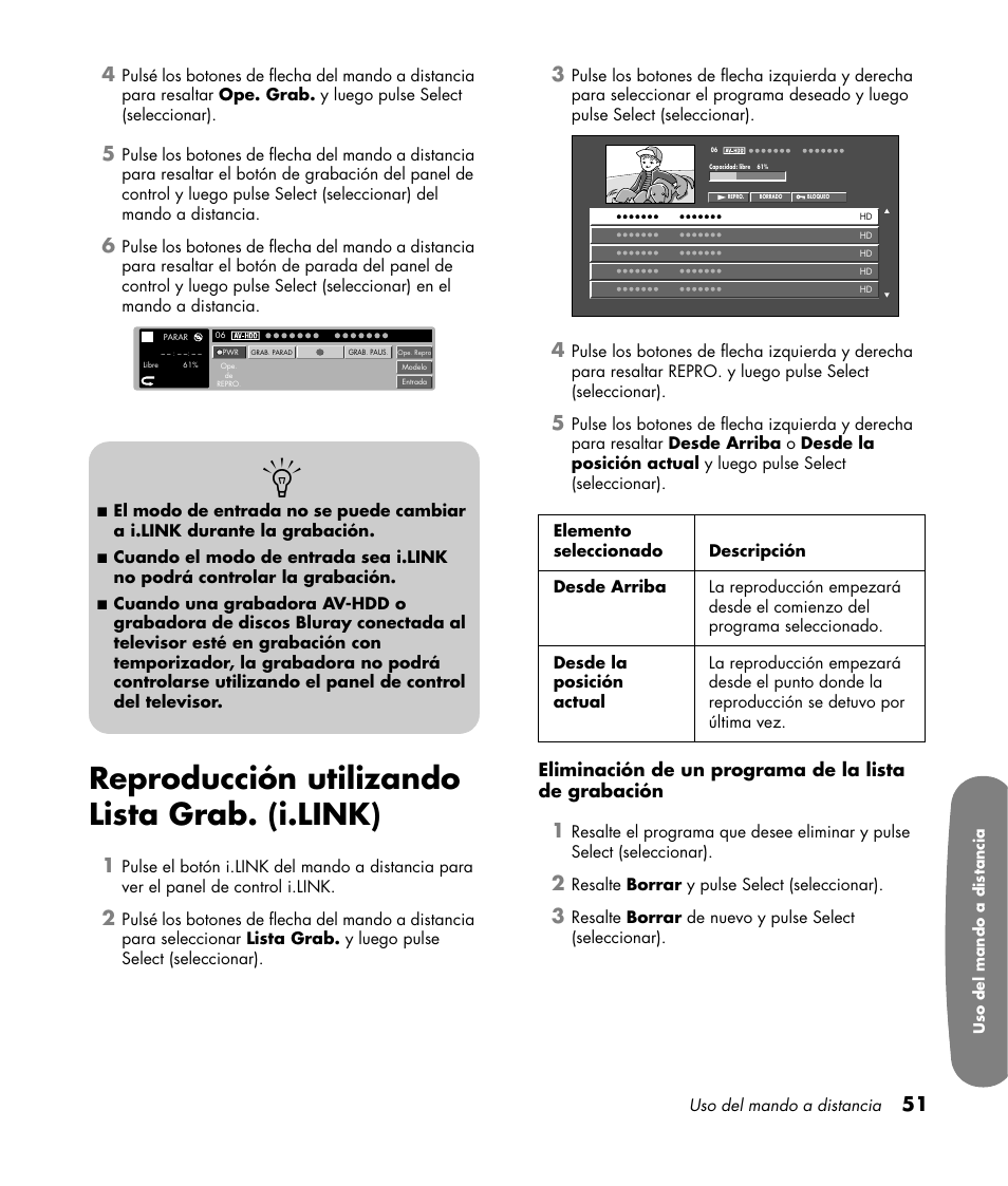 Reproducción utilizando lista grab. (i.link) | HP Pavilion LC3700N User Manual | Page 275 / 322