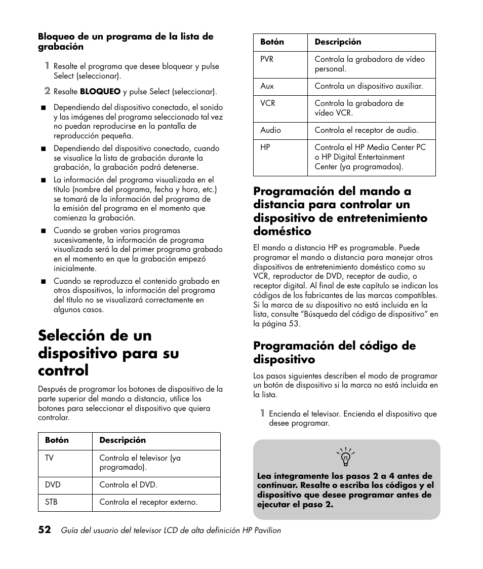 Selección de un dispositivo para su control, Programación del código de dispositivo | HP Pavilion LC3700N User Manual | Page 276 / 322