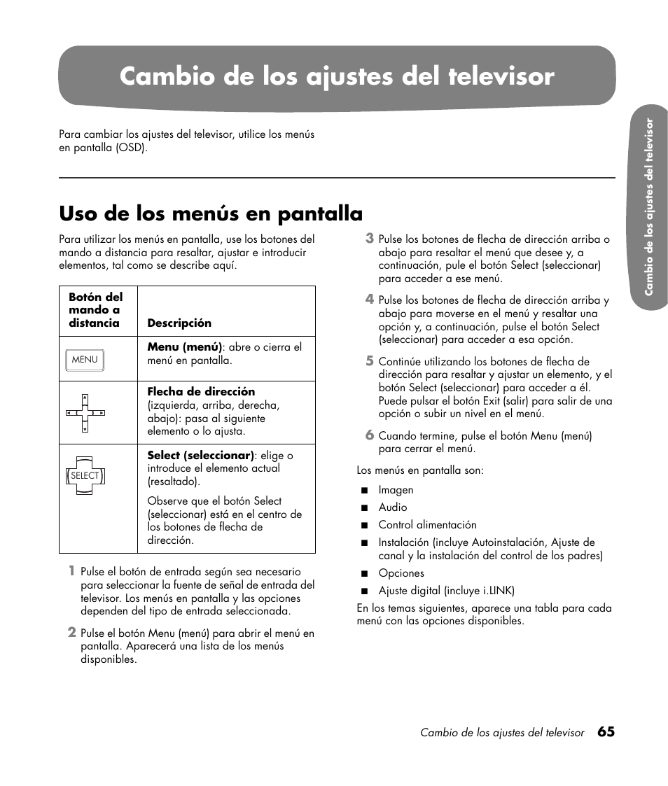 Cambio de los ajustes del televisor, Uso de los menús en pantalla | HP Pavilion LC3700N User Manual | Page 289 / 322