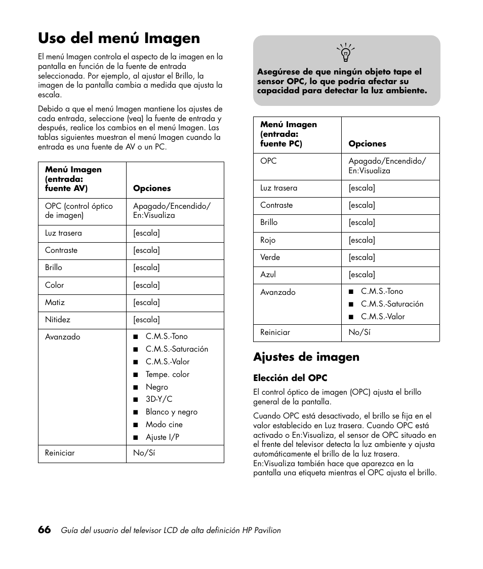 Uso del menú imagen, Ajustes de imagen | HP Pavilion LC3700N User Manual | Page 290 / 322