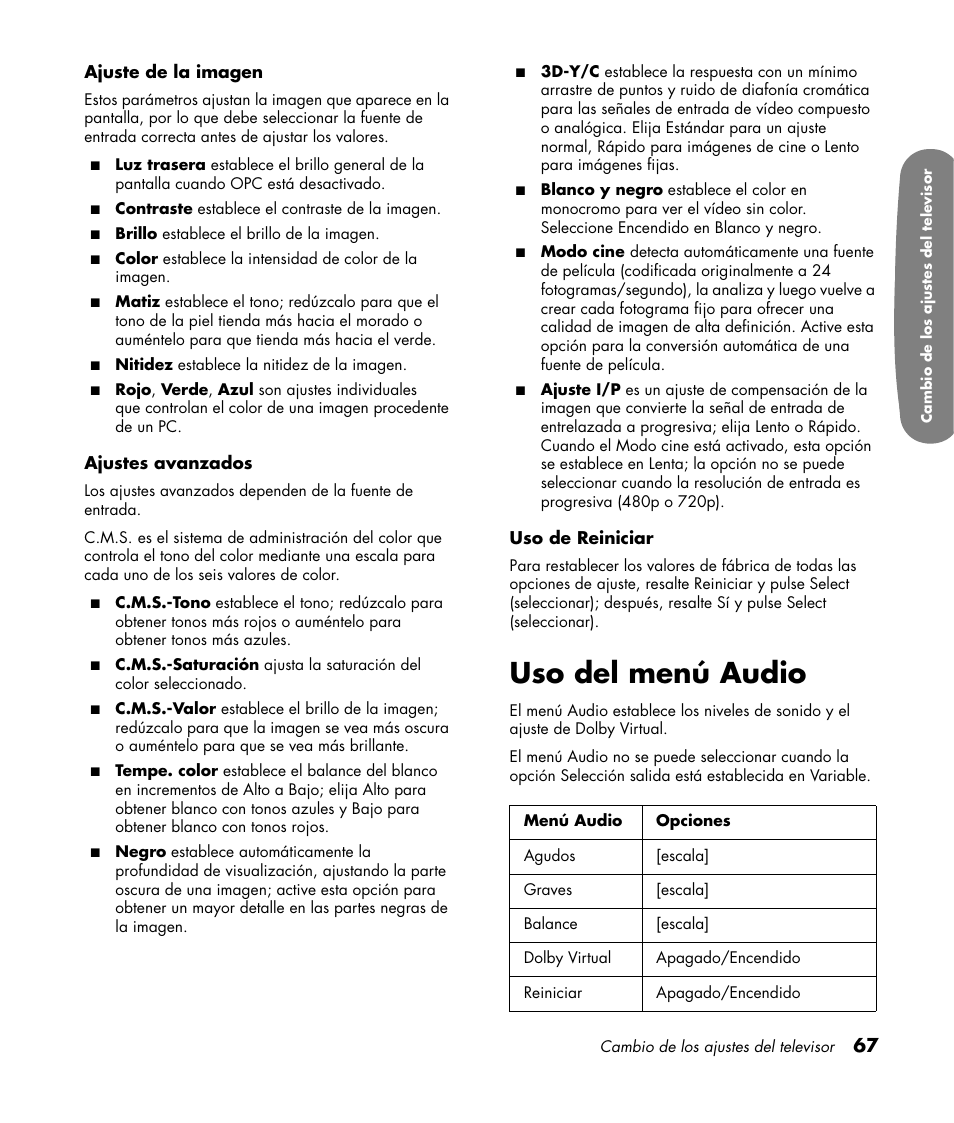 Uso del menú audio | HP Pavilion LC3700N User Manual | Page 291 / 322