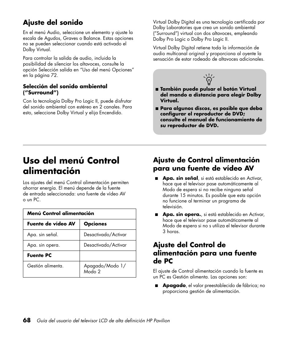 Uso del menú control alimentación, Ajuste del sonido | HP Pavilion LC3700N User Manual | Page 292 / 322