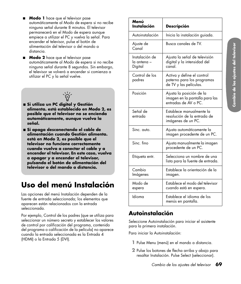 Uso del menú instalación, Autoinstalación | HP Pavilion LC3700N User Manual | Page 293 / 322