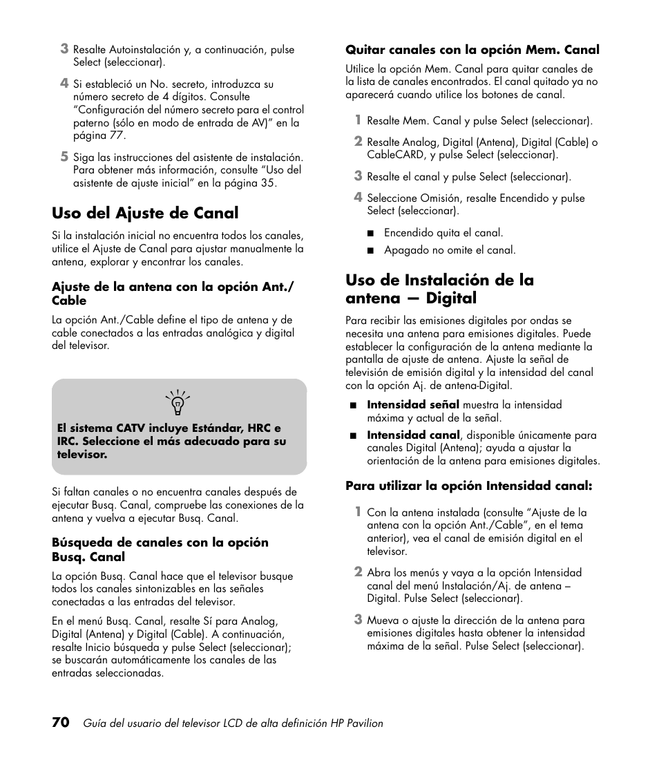 Uso del ajuste de canal, Uso de instalación de la antena — digital | HP Pavilion LC3700N User Manual | Page 294 / 322