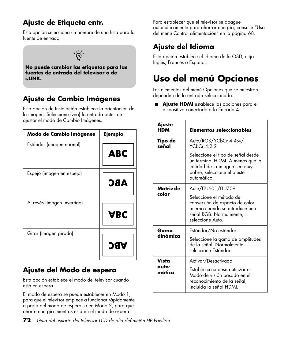 Uso del menú opciones | HP Pavilion LC3700N User Manual | Page 296 / 322