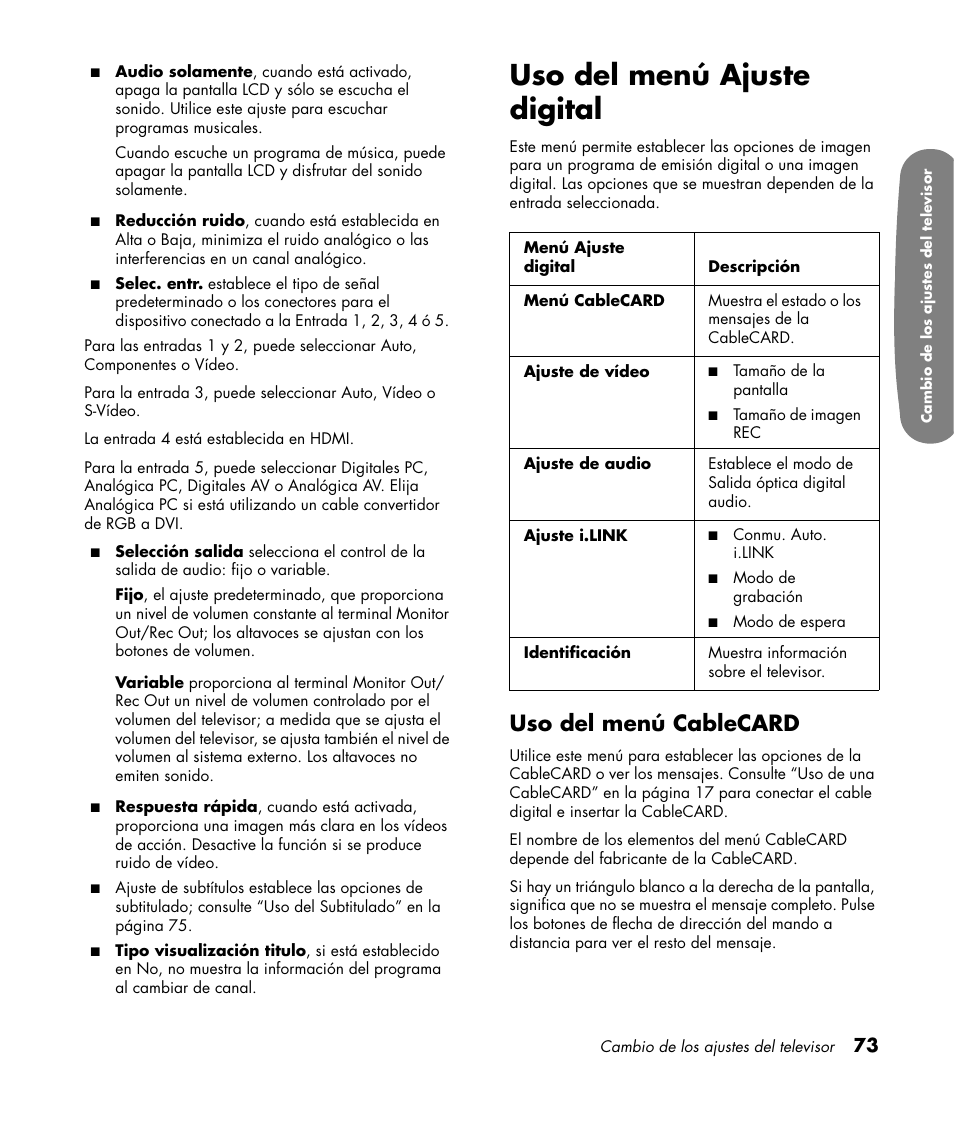 Uso del menú ajuste digital, Uso del menú cablecard | HP Pavilion LC3700N User Manual | Page 297 / 322