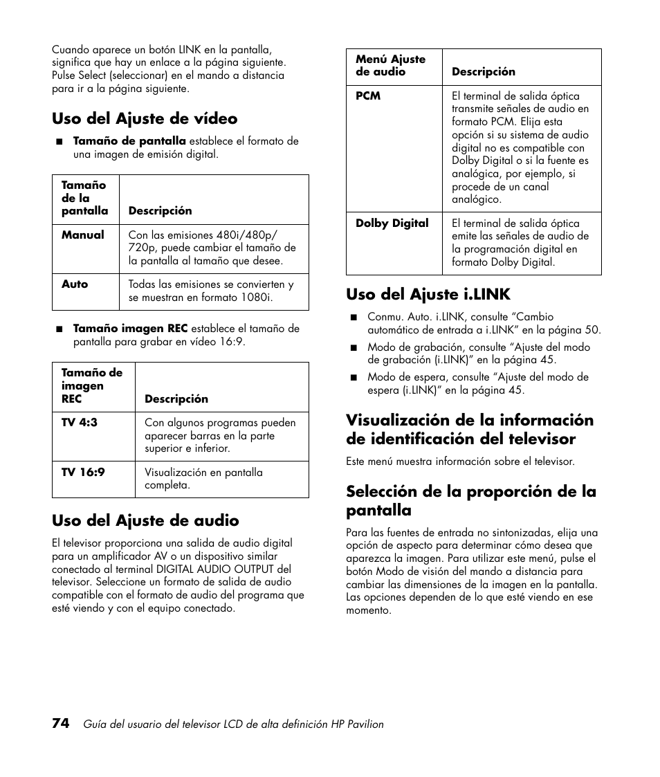 Uso del ajuste de vídeo, Uso del ajuste de audio, Uso del ajuste i.link | Selección de la proporción de la pantalla | HP Pavilion LC3700N User Manual | Page 298 / 322