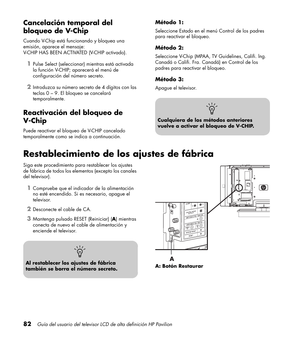 Restablecimiento de los ajustes de fábrica | HP Pavilion LC3700N User Manual | Page 306 / 322