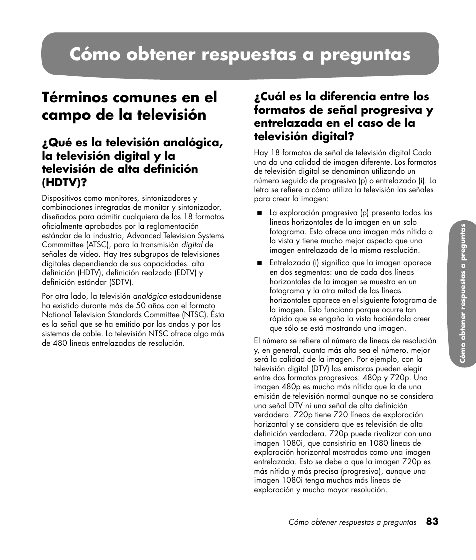 Cómo obtener respuestas a preguntas, Términos comunes en el campo de la televisión | HP Pavilion LC3700N User Manual | Page 307 / 322