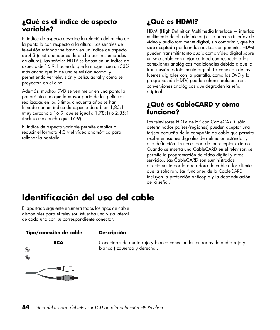 Identificación del uso del cable, Qué es el índice de aspecto variable, Qué es hdmi | Qué es cablecard y cómo funciona | HP Pavilion LC3700N User Manual | Page 308 / 322