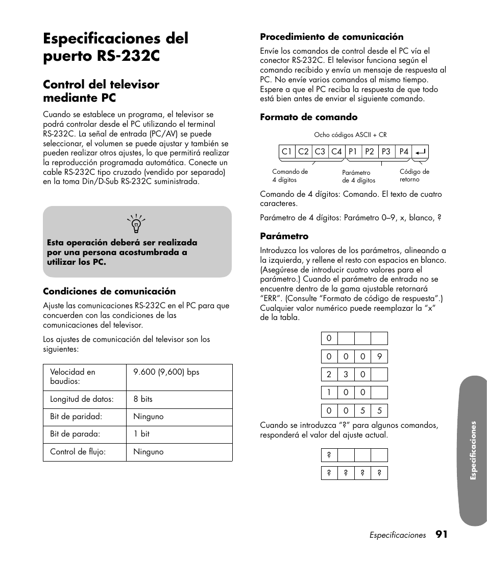 Especificaciones del puerto rs-232c, Control del televisor mediante pc | HP Pavilion LC3700N User Manual | Page 315 / 322