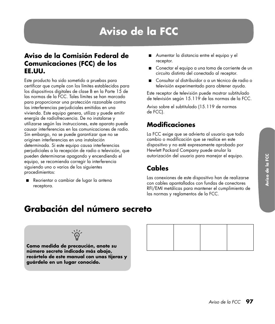 Aviso de la fcc, Grabación del número secreto, Modificaciones | Cables | HP Pavilion LC3700N User Manual | Page 321 / 322