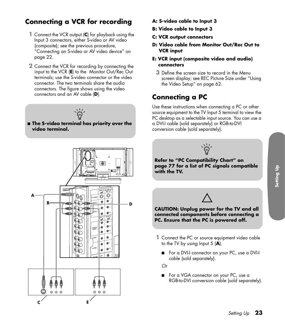 Connecting a vcr for recording, Connecting a pc | HP Pavilion LC3700N User Manual | Page 33 / 322