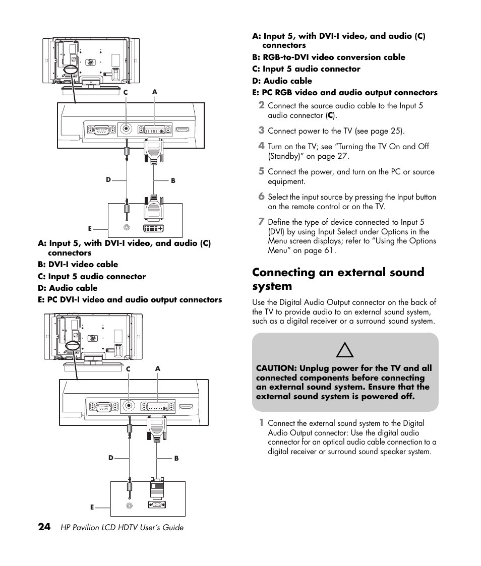 Connecting an external sound system | HP Pavilion LC3700N User Manual | Page 34 / 322