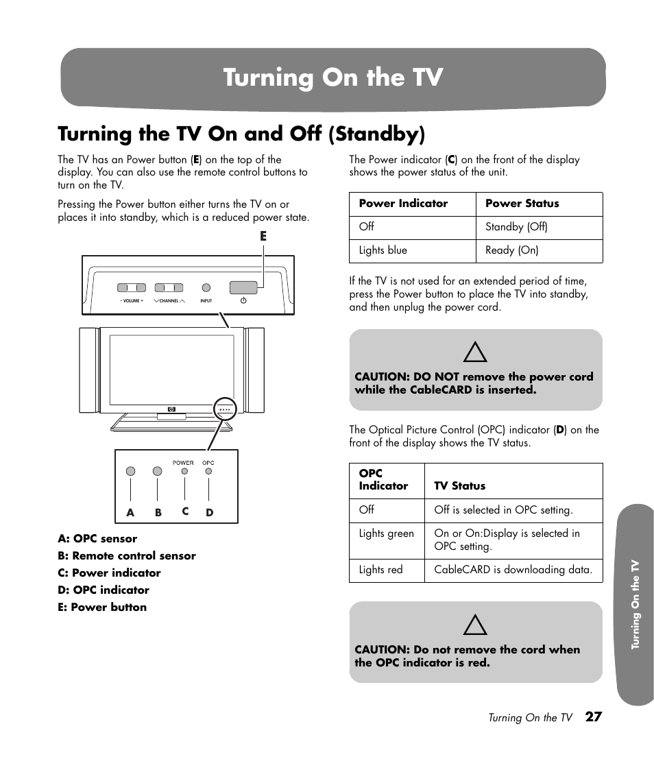 Turning on the tv, Turning the tv on and off (standby) | HP Pavilion LC3700N User Manual | Page 37 / 322