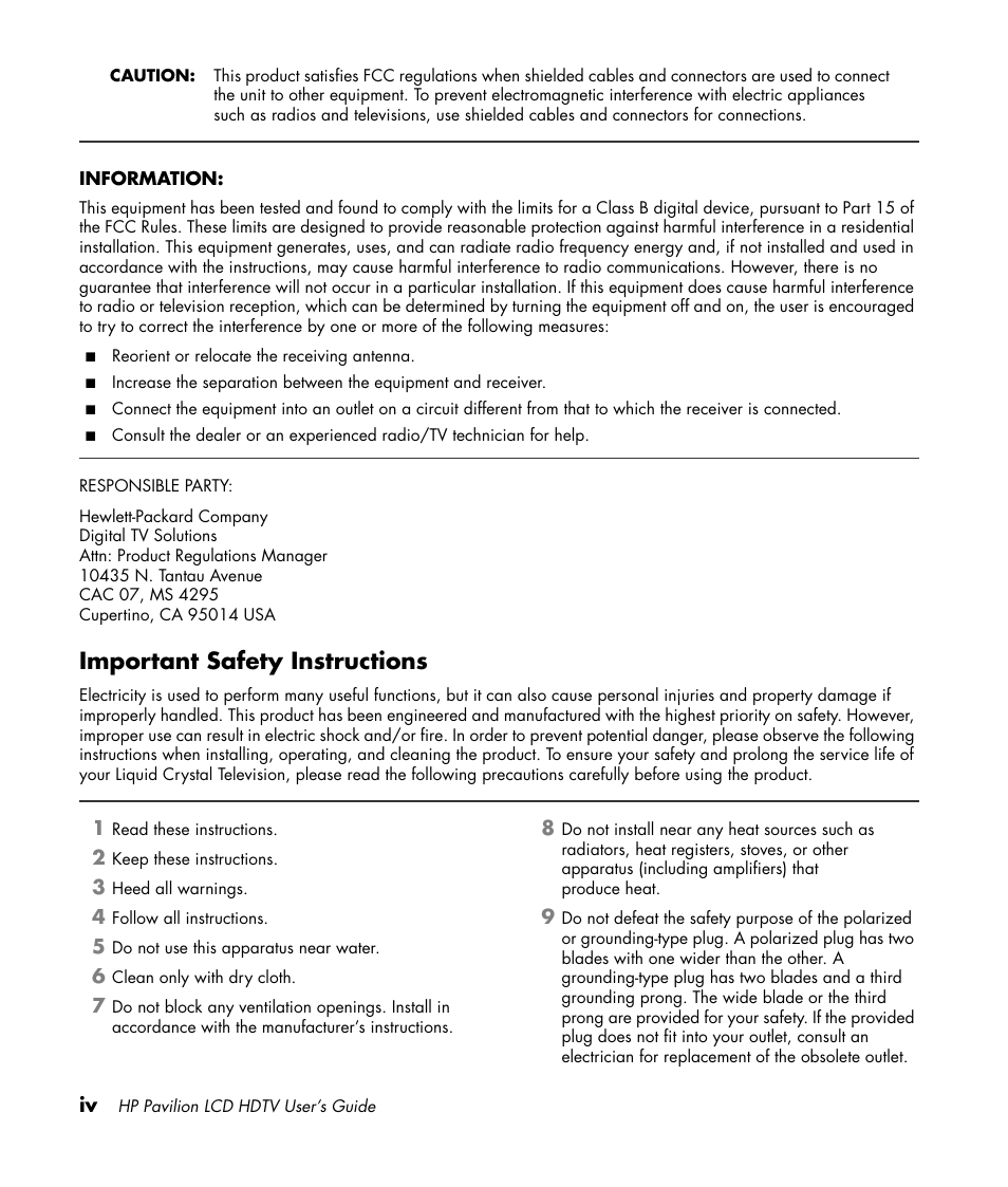 Important safety instructions | HP Pavilion LC3700N User Manual | Page 4 / 322