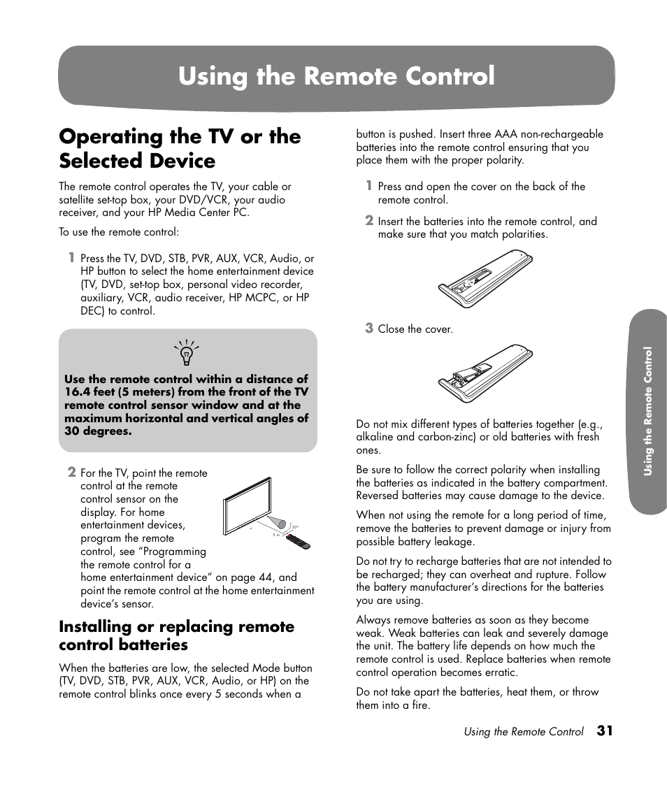 Using the remote control, Operating the tv or the selected device, Installing or replacing remote control batteries | HP Pavilion LC3700N User Manual | Page 41 / 322