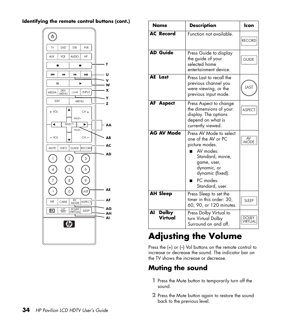 Adjusting the volume, Muting the sound | HP Pavilion LC3700N User Manual | Page 44 / 322