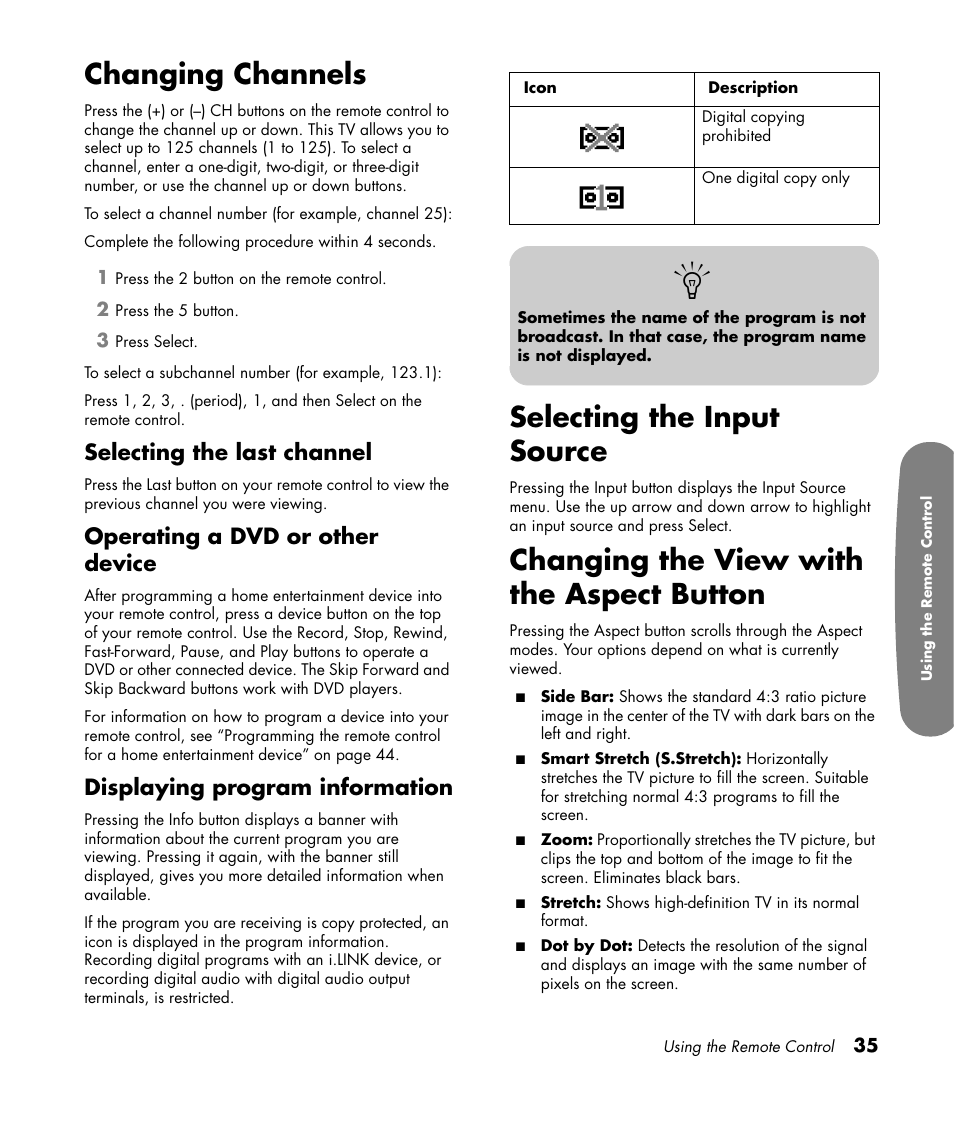 Changing channels, Selecting the input source, Changing the view with the aspect button | Selecting the last channel, Operating a dvd or other device, Displaying program information | HP Pavilion LC3700N User Manual | Page 45 / 322