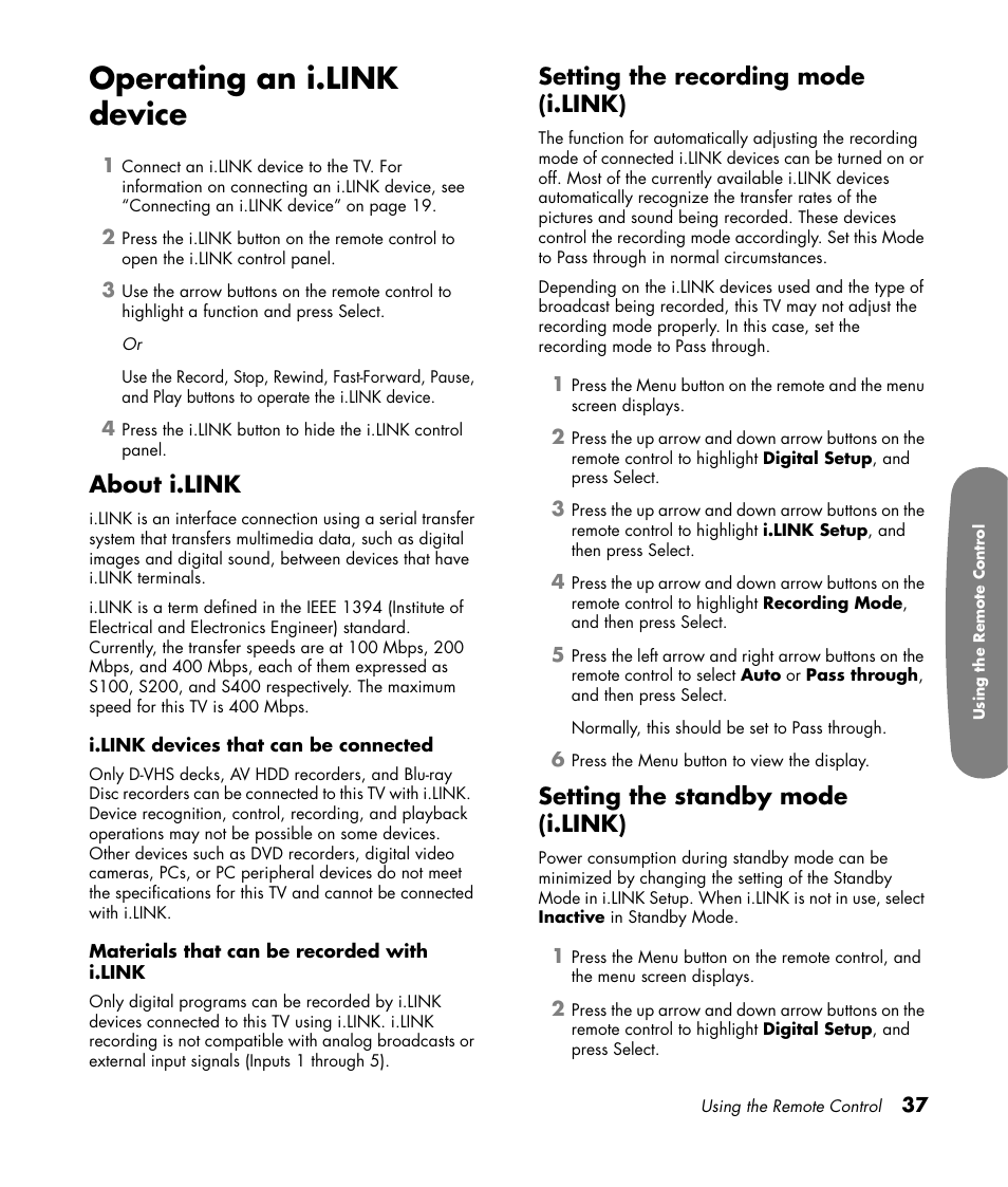 Operating an i.link device, About i.link, Setting the recording mode (i.link) | Setting the standby mode (i.link) | HP Pavilion LC3700N User Manual | Page 47 / 322