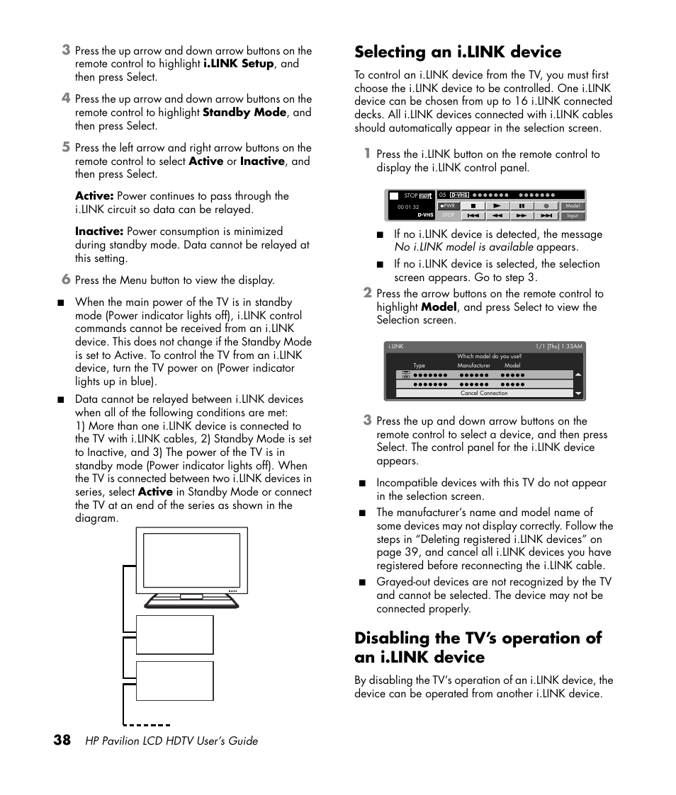 Selecting an i.link device, Disabling the tv’s operation of an i.link device | HP Pavilion LC3700N User Manual | Page 48 / 322