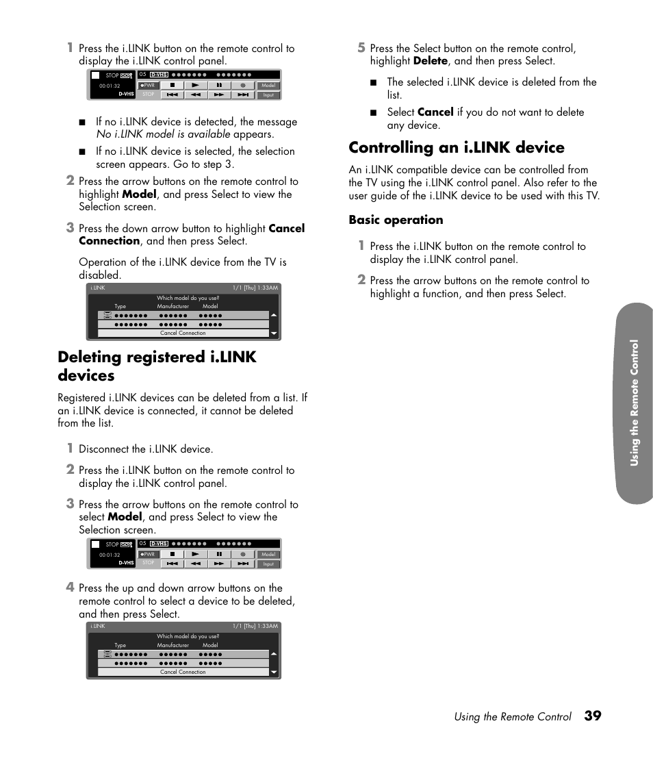 Deleting registered i.link devices, Controlling an i.link device, Basic operation | HP Pavilion LC3700N User Manual | Page 49 / 322