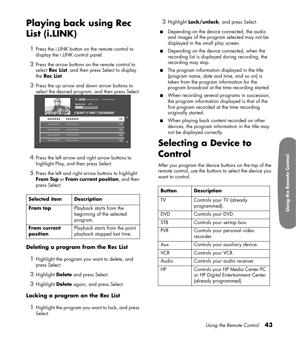 Playing back using rec list (i.link), Selecting a device to control | HP Pavilion LC3700N User Manual | Page 53 / 322