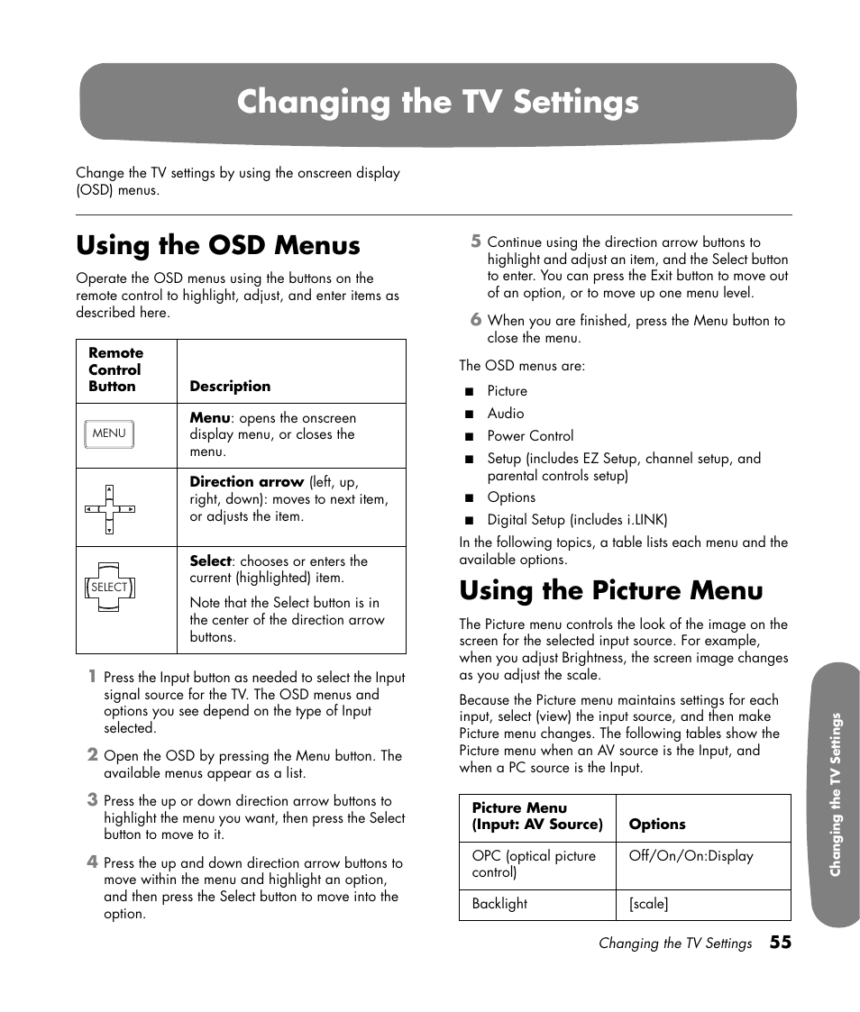 Changing the tv settings, Using the osd menus, Using the picture menu | HP Pavilion LC3700N User Manual | Page 65 / 322