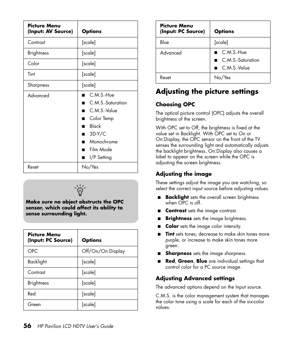 Adjusting the picture settings | HP Pavilion LC3700N User Manual | Page 66 / 322