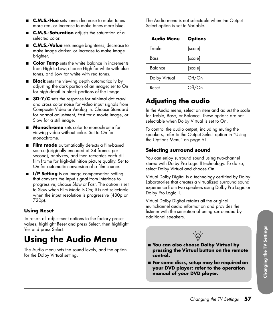 Using the audio menu, Adjusting the audio | HP Pavilion LC3700N User Manual | Page 67 / 322