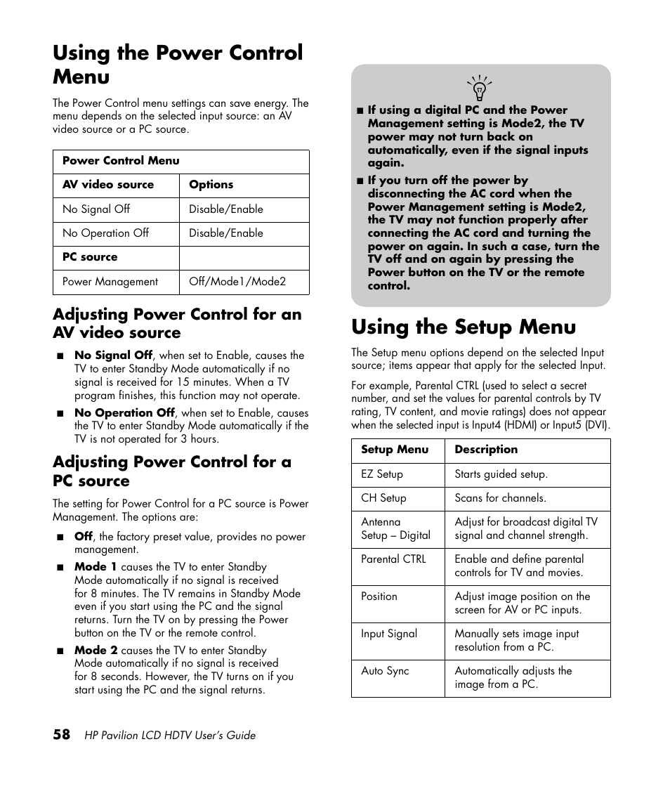 Using the power control menu, Using the setup menu, Adjusting power control for an av video source | Adjusting power control for a pc source | HP Pavilion LC3700N User Manual | Page 68 / 322