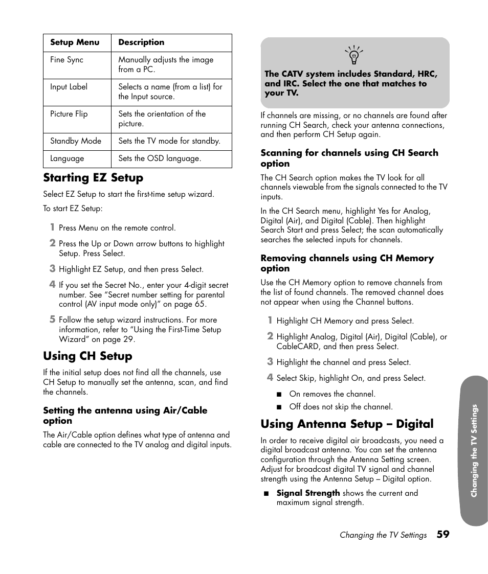 Starting ez setup, Using ch setup, Using antenna setup – digital | HP Pavilion LC3700N User Manual | Page 69 / 322