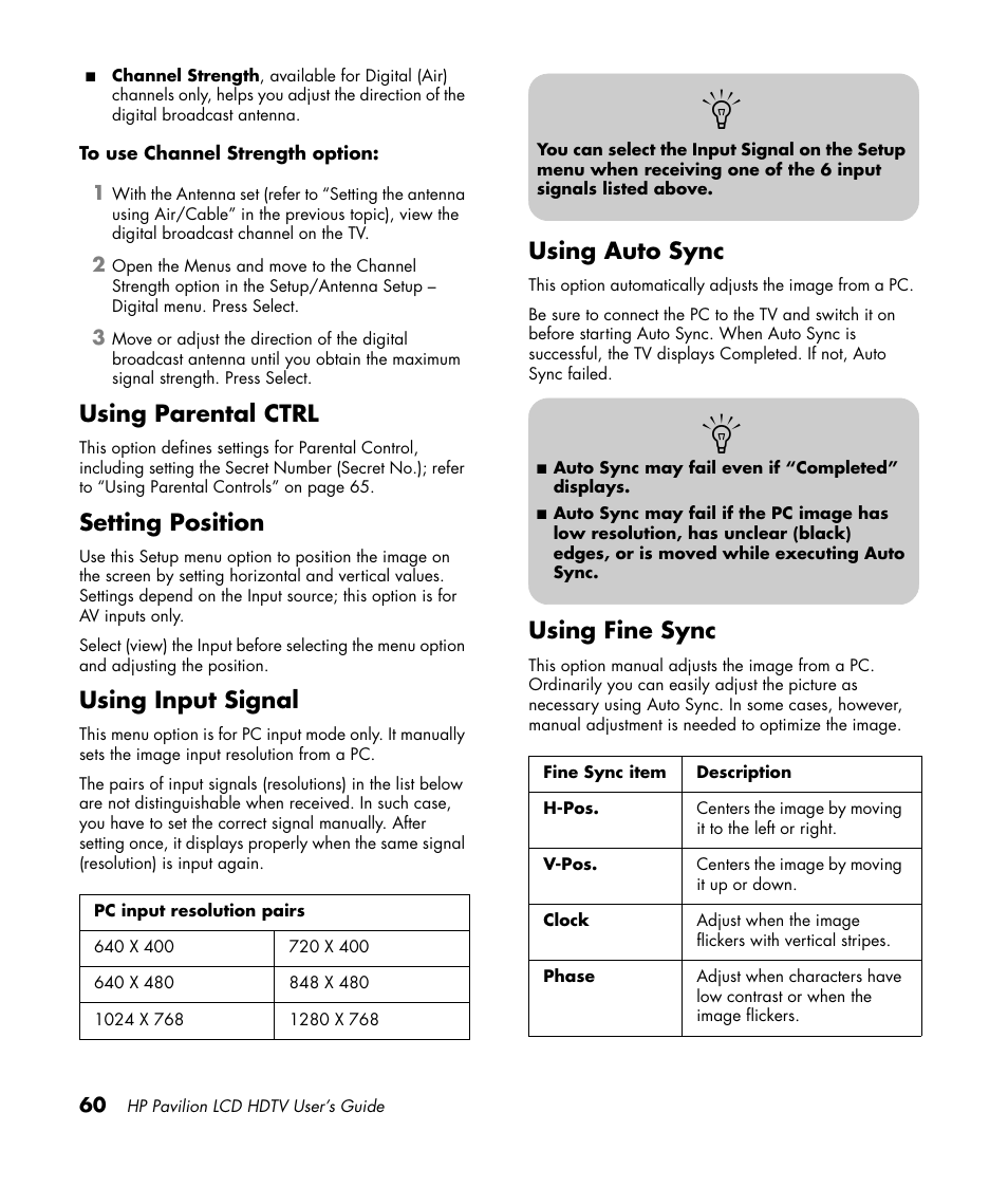 Using parental ctrl, Setting position, Using input signal | Using auto sync, Using fine sync | HP Pavilion LC3700N User Manual | Page 70 / 322