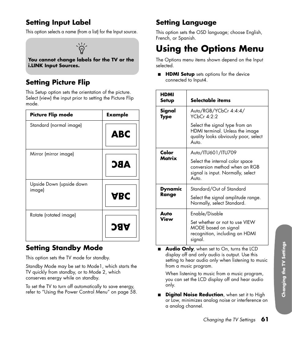 Using the options menu, Setting input label, Setting picture flip | Setting standby mode, Setting language | HP Pavilion LC3700N User Manual | Page 71 / 322