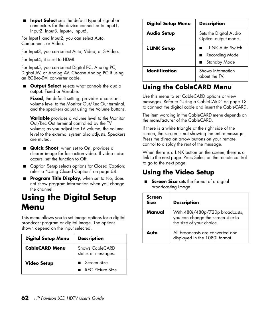 Using the digital setup menu, Using the cablecard menu, Using the video setup | HP Pavilion LC3700N User Manual | Page 72 / 322