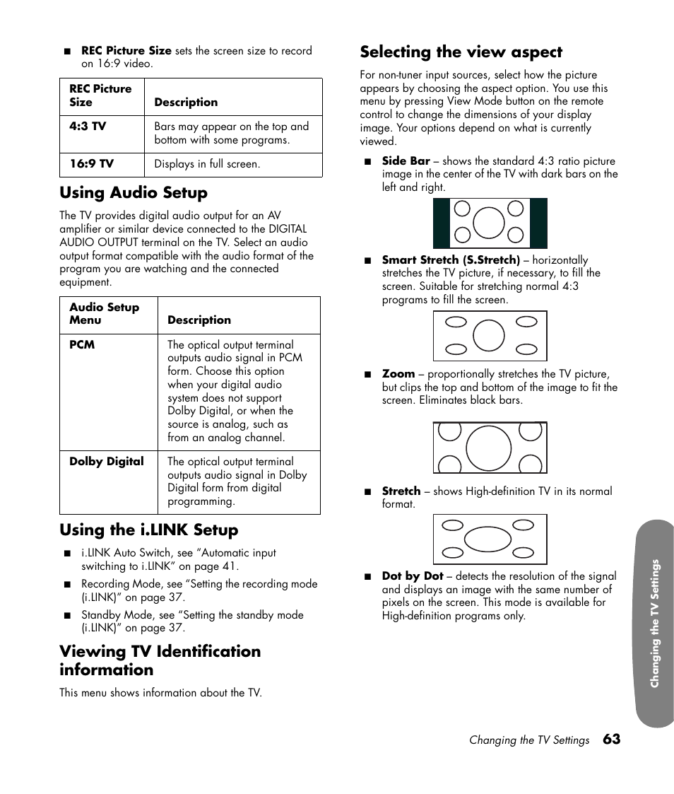 Using audio setup, Using the i.link setup, Viewing tv identification information | Selecting the view aspect | HP Pavilion LC3700N User Manual | Page 73 / 322