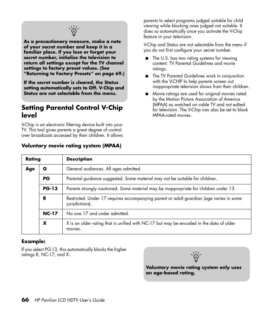 Setting parental control v-chip level | HP Pavilion LC3700N User Manual | Page 76 / 322